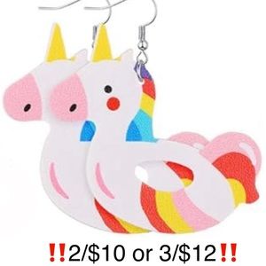 Rainbow Unicorn Pool Float Faux Leather Dangling Summer Novelty Unicorn Earrings